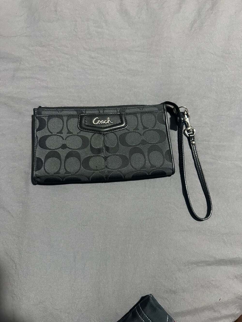 Coach Signature Black C Monogram Canvas and Leather Wristlet